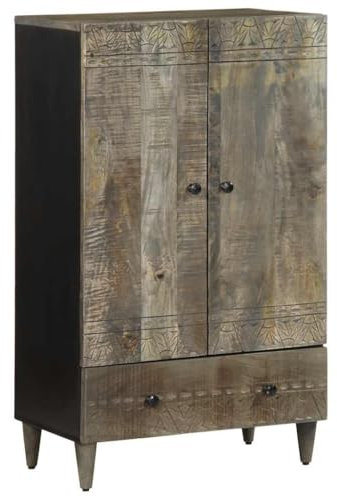 SXJEQOC Highboard Massivholz Mangoholz Schwarz 60x33x110 cm Sideboard mit Schublade und großen Fächern für Bad, Küche, Wohnzimmer und Büro, handgeschnitztes Design, stabil und langlebig