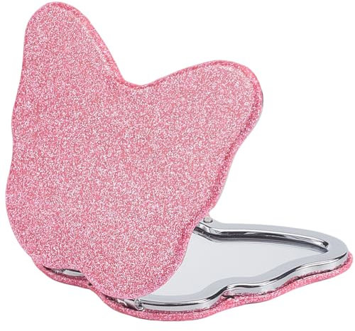 SOFPLATE Mini Schmetterlings Kompaktspiegel Reise Vergrößerungsspiegel Glas Rosa Faltbar Klein Glitzernd Tragbar Doppelseitiger Kunststoff Make Up Spiegel Für Tasche Handtasche Damen Zuhause Büro Reis