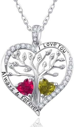 Tree of Life Necklace Wedding Anniversary Pendant Gift for Wife Her July and August Birthstone Jewellery Ruby and Peridot Necklaces for Women