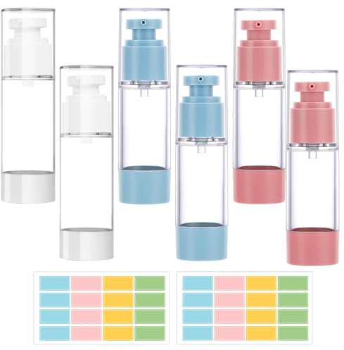 6 Stück Leer Airless Pumpspender - 30ml Creme Spender Pumpflasche, Refillable Clear Lotion Pump Containers, Mini Empty Travel Pump Bottles with and Stickers for Foundation, Essence, Cream, Toiletrie