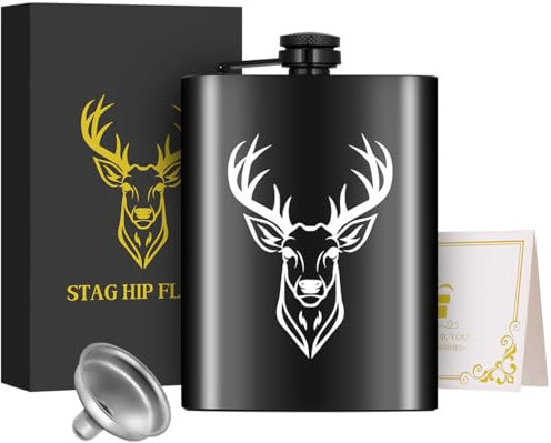 8oz/237ml Flasque de Poche en Acier Inoxydable, Motif de Tête de Cerf Blanc, avec Entonnoir, Carte de Voeux et Boîte Cadeau, Portable Étanche Flasque, pour Camping, Randonnée, Activités de Plein Air