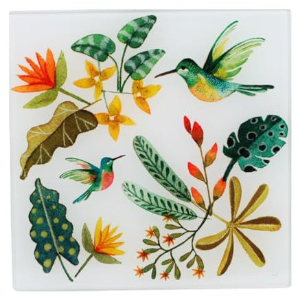 Dessous de Plat en Verre, Motif Colibris et Plantes Tropicales, 20 x 20 cm
