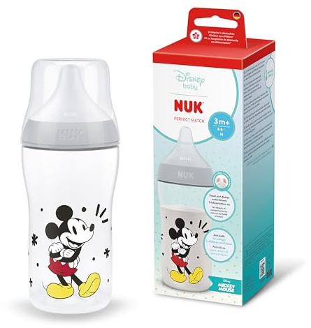 NUK Perfect Match Baby Bottle | 0+ Months | 260ml | Anti Colic Feeding Bottle | PP | Temperature Control Indicator | Mickey Mouse | 1 Count