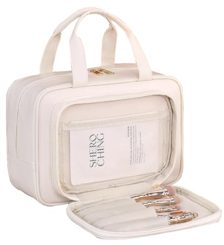SYEXDZON Kulturtasche Damen, Kosmetiktasche mit Mehreren Fächern | Beige, Reise Kulturbeutel, Kosmetiktasche, Handlich, Ultraleicht, Wasserdicht, Weit zu öffnen, Doppelschicht