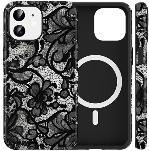 Yoedge Magnetica Cover per iPhone 12/iPhone 12 Pro Fiori Pizzo, Aesthetic Nero Lace Motivo Vintage, Compatibile con MagSafe Silicone Custodia per Ragazza Donne, Case per iPhone 12 6,1