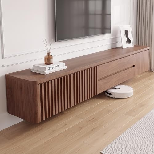 Cyclauricate Schwebender TV-Schrank Vormontiert, 180cm Lowboard Hängend aus 18mm Multiplex, Rillen-Front mit Soft-Close, Modernes Sideboard in Eiche-Optik (Walnuss)