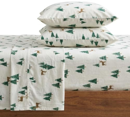 Eddie Bauer – komplett lakanset, varm andningsbar bomull flanell sängkläder med djupa fickor, borstad för extra mjukhet, mysig heminredning, Oeko-Tex-certifierad (rådjurshål, full)