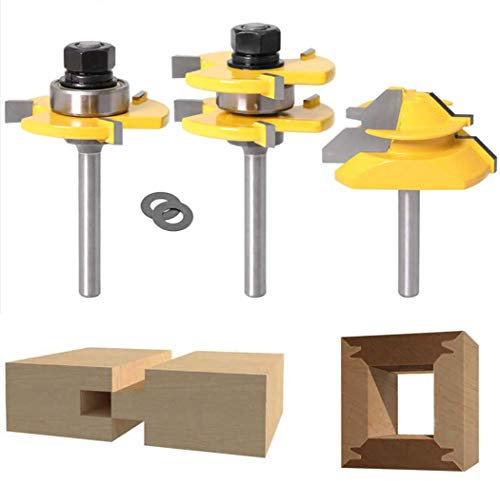 45 Grad Lock Mitre Router Bit, APLUS Holzfräser, Nutfräser + 1/4 Inch 6,35 mm Schaft Zungenschaft und Nutfräse Set 3 Zähne in T-Form Cutter aus Holz für Holzarbeiten