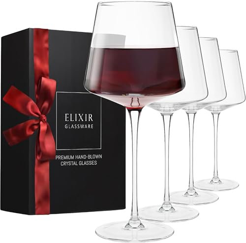 Modern Hand Blown Crystal Wine Glasses Set of 4 - Tall Long Stem for Cabernet, Pinot Noir, Burgundy, Bordeaux - 22oz Clear