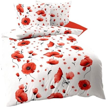Kaeppel Mako Satin Bettwäsche 135x200cm 2 TLG. Scarlett Poppies Mohnblumen Rot Weiß