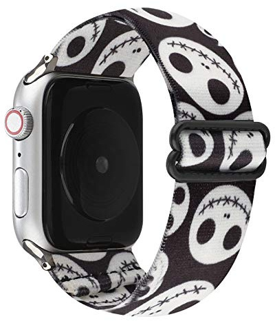 Verstellbares, elastisches Armband, dehnbares Nylonband, stilvolles Kunstdesign, Schlaufenarmband, kompatibel mit 49 mm, 45 mm, Apple Watch Ultra/SE/Series 8 7 6 5 4 3 2 1, schwarz/weißer Totenkopf