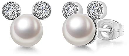HOMEYU Classic Mouse Pearl Earrings Stud Earrings for Women, Hypoallergenic 7 mm CZ Cute Mouse Stainless Steel Earrings, white