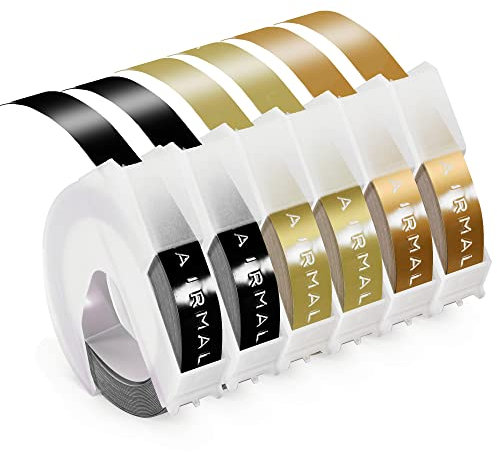 Prägeband Kompatibel mit Dymo Prägegerät Etiketten 9mm Omega Etikettenband 3D Kunststoff Vinyl-Prägeetiketten Schwarz/Gold/Champagner Gold Kompatibel mit Dymo Omega und Junior Prägegerät, 6 Rollen