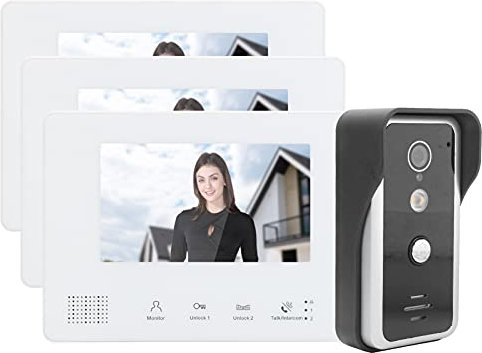 Crisist Sistema de Videoportero, 3 Monitores, Kit de Videoportero, Visión Nocturna para Videovigilancia en el Hogar, Apartamento de Oficina, Casa de Villa