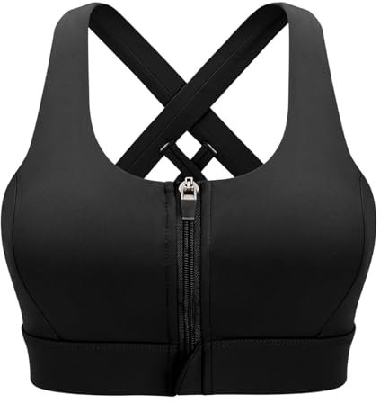 CLOUSPO Women Ladies Zip Front Post Surgery Yoga Sports Running Bra High Support Impact Crop Top Padded Cross Back (m,Black)