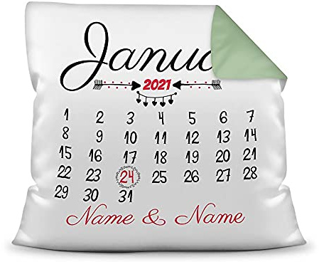 Kissen Kalender selbst gestalten - mit anpassbarem Jahrestag - mit Namen & Datum bedrucken - Geschenk Valentinstag, Liebe, Jahrestag, Fotokissen inkl. Füllung - Farbkissen Rückseite Seegrün, 40x40 cm