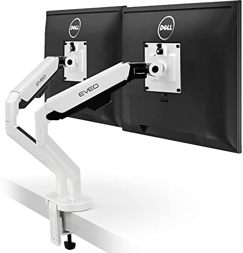 EVEO Weißer Premium-Dual-Monitorständer mit 25.4–81.3 cm (10–32 Zoll), verstellbare Höhe, Gasfeder-Monitorständer für den Schreibtisch-Bildschirm – Full Motion Dual Monitor Arm-Computer
