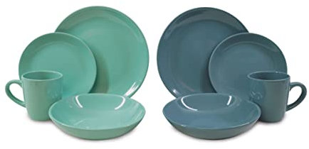 Tarrington House Kombiservice, grün/blau aus Steingut, 24-tlg. (12 grün / 12 blau) Geschirrset für 6 Personen, bestehend aus Teller groß/klein, Suppenteller, Tasse, mikrowellen & spülmaschinenfest