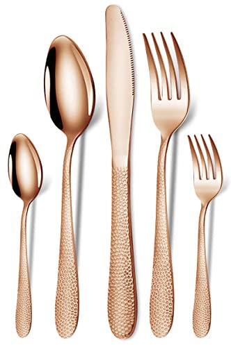 XIAOYU Ensemble de couverts en argent martelé de 5 pièces, ensembles de couverts en acier inoxydable pour restaurant, hôtel, polissage miroir, va au lave-vaisselle, or rose