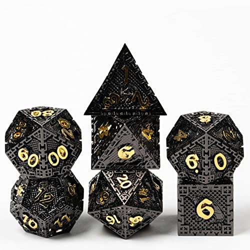 Cusdie Metall-Würfel-Set, 7-teilig, DND-Metallwürfel, Drachen-Skala, Polyedrisch, für Rollenspiele, D&D-Würfel (Schwarz/Gold)