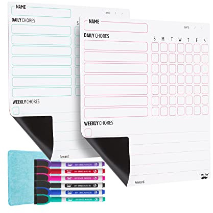 Mr. Pen Magnetic Dry Eraser Chore Board, 2 Pack with 6 Eraser Cap Markers, Refrigerator Magnetic Chore Chart | 6x Fine Point Markers, Refrigerator Magnetic Chore Chart Dry Erase for Multiple Kids, Teens and Adults