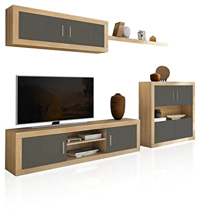 duehome | Salon Modular, Conjunto de Muebles de Salon, Modelo Nuka V7, Acabado en Cambria y Gris Grafito, Medidas: 290 cm (Largo)