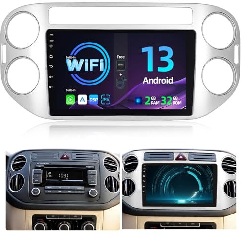2+64G Android Autoradio für VW Tiguan 2010-2016, Wireless Carplay und Android Auto, 9 Zoll 2,5D Touchscreen Radio, GPS WiFi HiFi FM Bluetooth Lenkradsteuerung + AHD Rückfahrkamera und Mikrofon