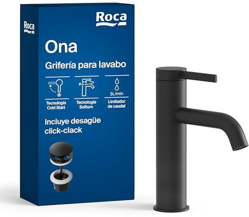 Roca Ona Grifería para lavabo con tecnología Cold Start, grifo monomando con enlaces de alimentación flexibles de fácil instalación, mezclador de baño con desagüe click-clack, negro mate, A5A3A9ENB0