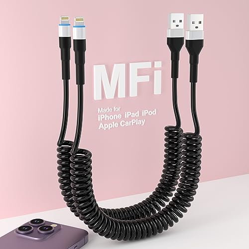 USB auf Lightning Kabel Spiralkabel 2 Apple CarPlay, Kurz Spiral Einziehbar USB A iPhone Ladekabel mit Datenübertragung und LED MFi Zertifiziert für iPhone 14 13 12 11 Pro Max 8 7 6 X Serie, Schwarz