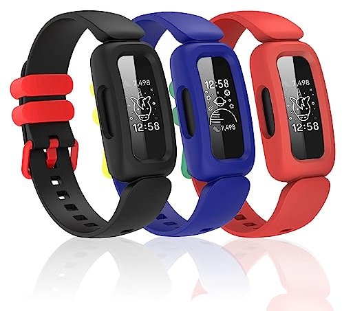 Silikonbänder für Fitbit Ace 3, wasserdicht, weich, Ersatzbänder für Ace 3 für Kinder, Jungen, Mädchen, Armband, Zubehör, Sportband für Fitbit Ace 3 Aktivitäts-Tracker (schwarz, rot, blau)