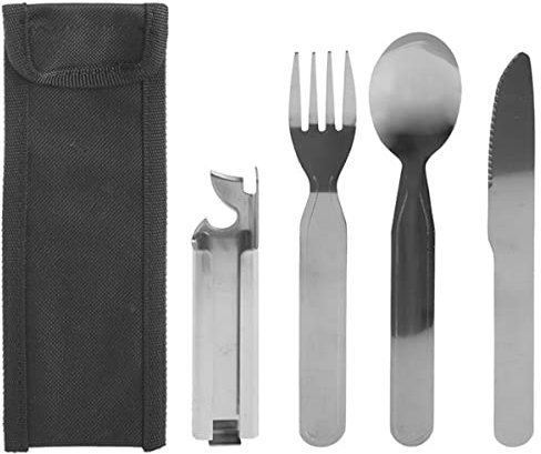 5 Piece Stainless Steel Camping Cutlery Set with Knife Fork & Spoon in Carry Pouch Holder