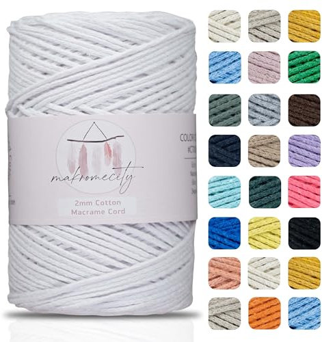 Makromecity, Cotton Macrame Cord 2mm x 195 Yards (590 feet) 2mm Recycled Cotton Crochet Yarn for Macrame Art & Crafts for Wall Hangings, Bags, Underplate, Rug (25 Colors Available) (White)