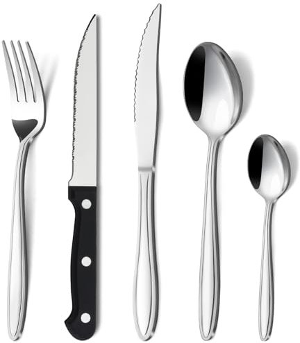 Cubiertos acero inoxidable, Hunnycook 30 Piezas cubiertos para 6 con cuchillos para carne, Elegante Cubiertos con Cuchillo, Tenedor y Cuchara, Apto para Casa/Cafetería/Exterior, Apto para Lavavajillas