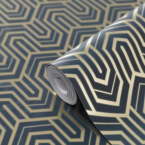 YöL Malah Geometric Blue Wallpaper - Metallic Gold Art Deco Style Modern Contemporary Textured - Paste The Wall Vinyl