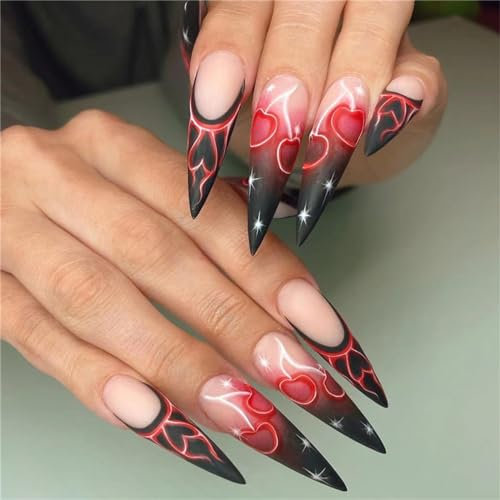 Halloween Heart Fake Nail Long Stiletto Press on Nails Black French Tips for Women and Girls Nail Art Decoration 24pcs