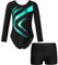 YiZYiF Mädchen Turnanzug Langarm Metallic-Kurvenmuster Trikot Gymnastik Shorts Set Kinder Ballett Tanzoutfit Wettbewerb Trainingsanzug Blaugrün 134-140