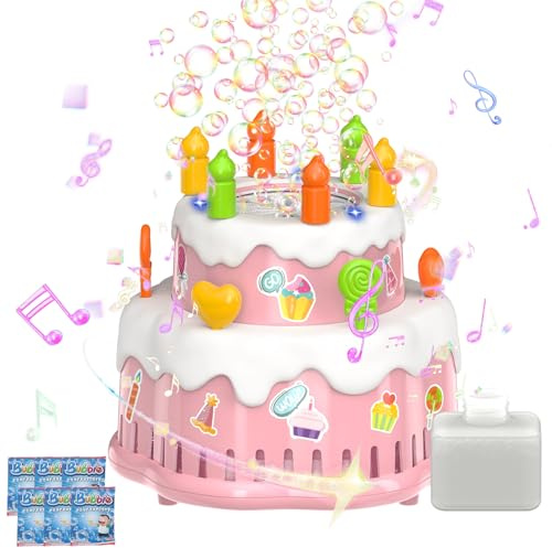 Panacare Geburtstagskuchen Seifenblasenmaschine, Seifenblasenspielzeug für Kinder 10000+ Blasen/Min mit 6xSeifenblasenlösung/Musik, Outdoor Kinder Geschenk für Geburtstag/Party/Hochzeit