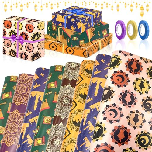TOPJOWGA 8 Stücke Eid Mubarak Geschenkpapier mit 3 Rollen Band, 70 x 50 cm Ramadan Geschenkpapier, Mond Stern Geschenk Papier Geschenkverpackung, Muslim DIY Wrapping Paper Geschenkpapier Mädchen Junge