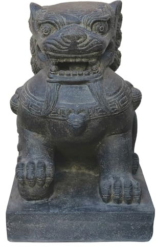 STONE art & more Chinesische Stein- Wächter- Löwen, Fu Dogs, 72 cm, schwarz antik, Steinfigur, Garten-Deko (Männchen), frostfest