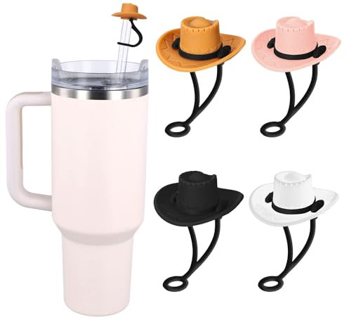 4pcs Cowgirl Hat Straw Covers for 7-10mm Reusable Straws, Cowboy Hat Straw Topper Decorative Straw Caps Silicone Straw Covers Accessories for Stanley Cup (4 Colors)