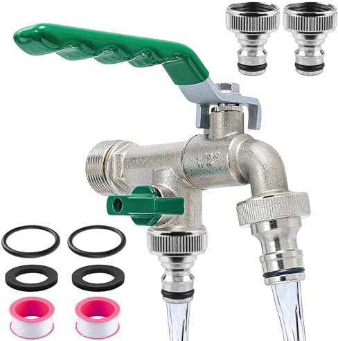 Doppel Auslaufhahn, 1/2 Zoll Wasserhahn Garten, Hochwertigem Messing Gartenwasserhanhn, Rost- und Frostschutz, mit Schlauchanschlüsse, Rollendichtband,Doppelanschluss und Schlauchtülle