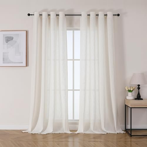 Joydeco Rideau en Lin Naturel Translucide avec Oeillets, Lot de 2 Rideaux Voilages 132x225cm pour Décoration Fenêtre, Drapiers Intérieurs Modernes pour Salon Chambre Bureau - Blanc