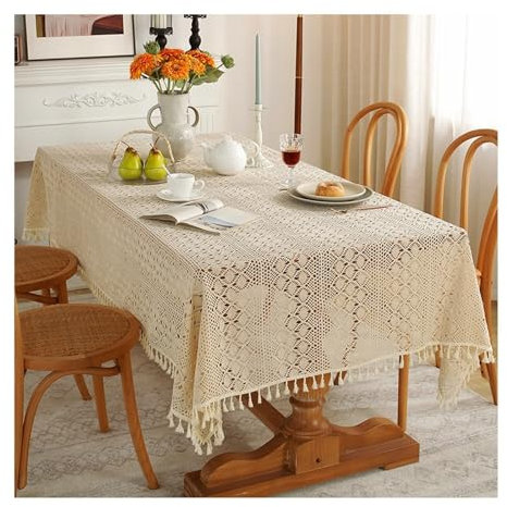 AMDXD Tischdecke, Geflecht Hohl mit Quaste Tischtücher Polyester Baumwolle, Tischtuch Geburtstag Tischdekoration für Drinnen Draussen Garten Esszimmer, 140x160CM, Beige