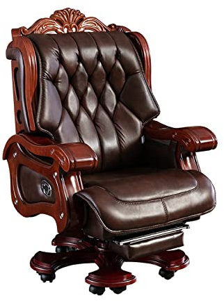 GLJTUO Luxuriöser Chefsessel Aus Massivholz, Chefsessel Aus Rindsleder Mit Fußstütze, Um 150° Verstellbarer Ergonomischer Bürositz Mit Hoher Rückenlehne, Verstellbarer, A(Brown)
