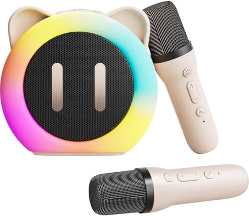 Karaoke Machine for Kids, Portable Bluetooth Karaoke Speaker with 2 Wireless Microphones with LED Lights, Girls Boys Gift Toys for Birthday Party Christmas Supports TF Card/USB, AUX in (White)