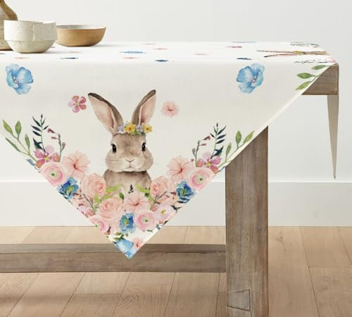 Artoid Mode Hase Blume Ostern Waschbare Tischwäsche, Saisonaler Frühling Küche Tisch Dekoration Drinnen Urlaub Party Dekor 100x100 cm