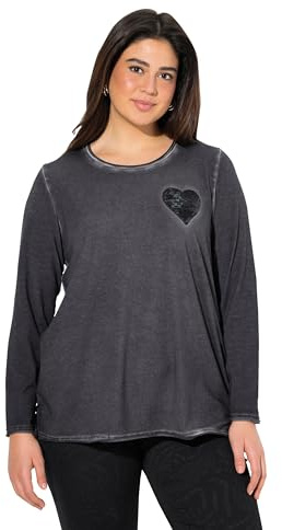 Ulla Popken Damen große Größen Übergrößen Plus Size Shirt, Cold Dyed, Pailletten-Herz, V-Ausschnitt, Langarm Asphalt 42+ 831724100-42+