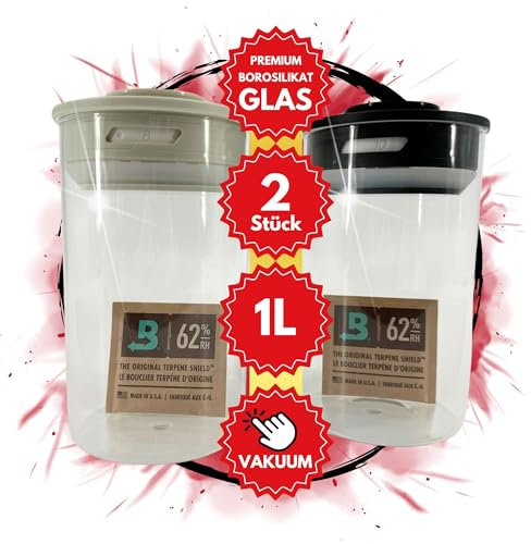 TronicXL 2x 1 Liter XXL Vakuum Kräuter Borosilikat Glas Aufbewahrung Vorratsglas Ernte 1000ml luftdicht Glasbehälter mit Deckel kompatibel mit Boveda Pack 62% Grow Ernte Vorratsgläser 2 Liter