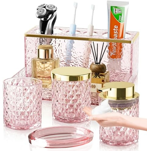 Badezimmer-Zubehör-Set aus Glas, 5-teilig, rosa Kristall, schäumender Seifenspender, Seifenschale, Tasse, Acryl-Zahnbürstenhalter mit Tablett, Organizer, Wattestäbchen-Glas, Badezimmer-Theken-Set