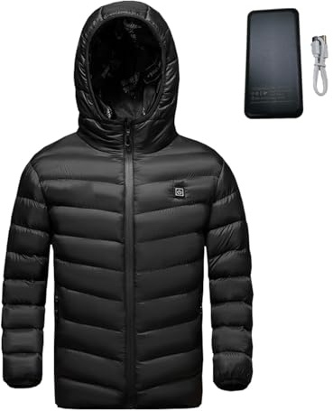 Elektrisch Beheizbare Jacke Kind mit Powerbank Beheizte Jacke für Jungen und Mädchen Winter USB Elektrische Lange Ärmel Heizung Kapuzenjacken mit 3 Temperaturstufen Waschbare Warmer Outdoor-Jacke